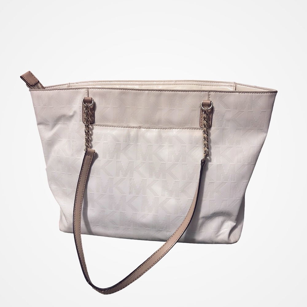 Michael Kors Jet Set Travel White MK Logo Tote Bag Chain Strap Shoulder Bag